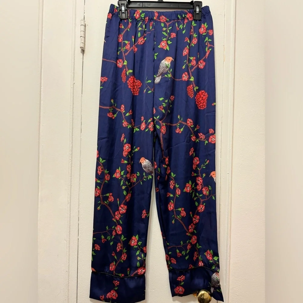 NWT $175 Barney’s New York x Lobo Rosa Printed Bird Flowers Satin Pants large
